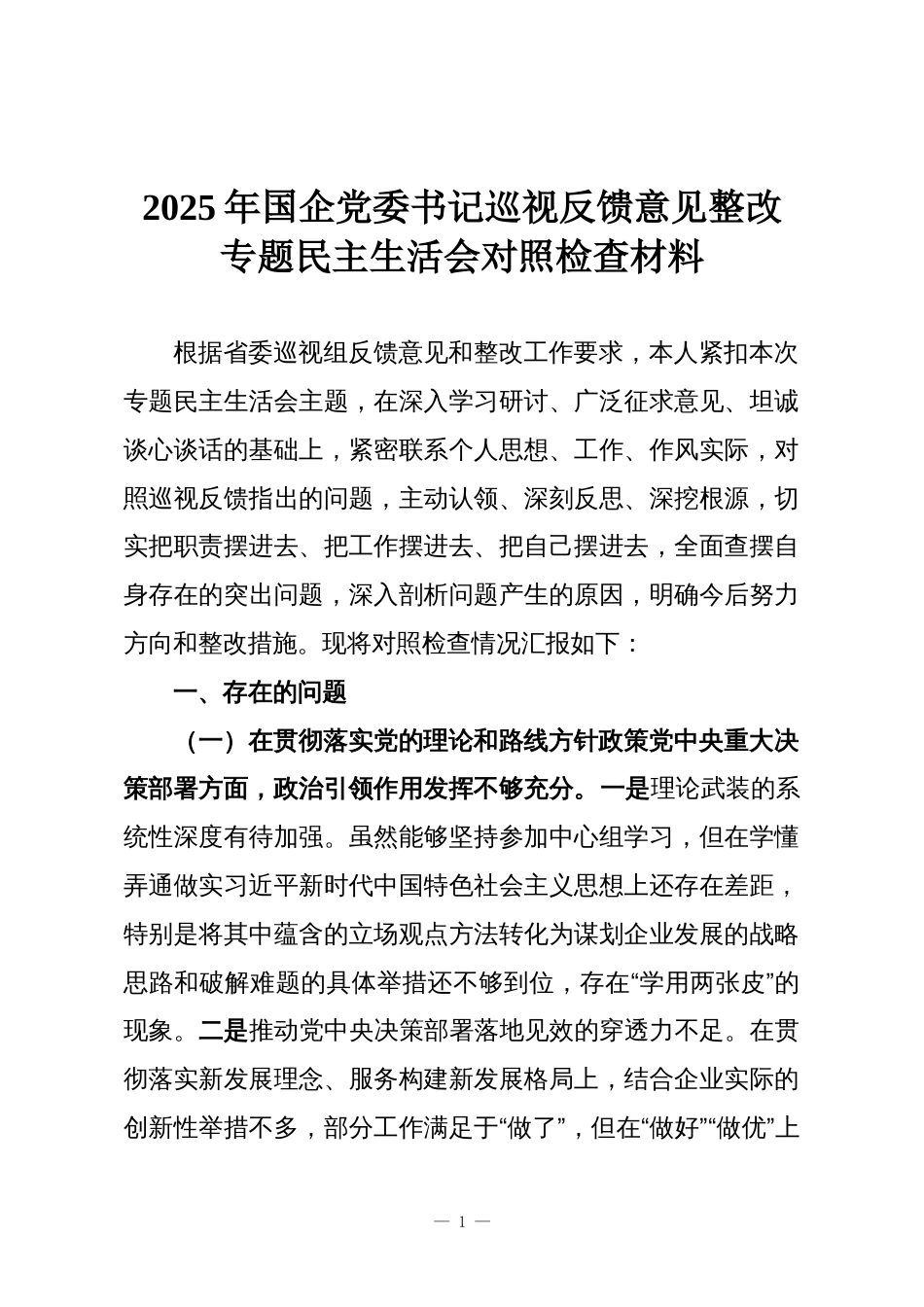 2025年国企党委书记巡视反馈意见整改专题民主生活会对照检查材料_第1页