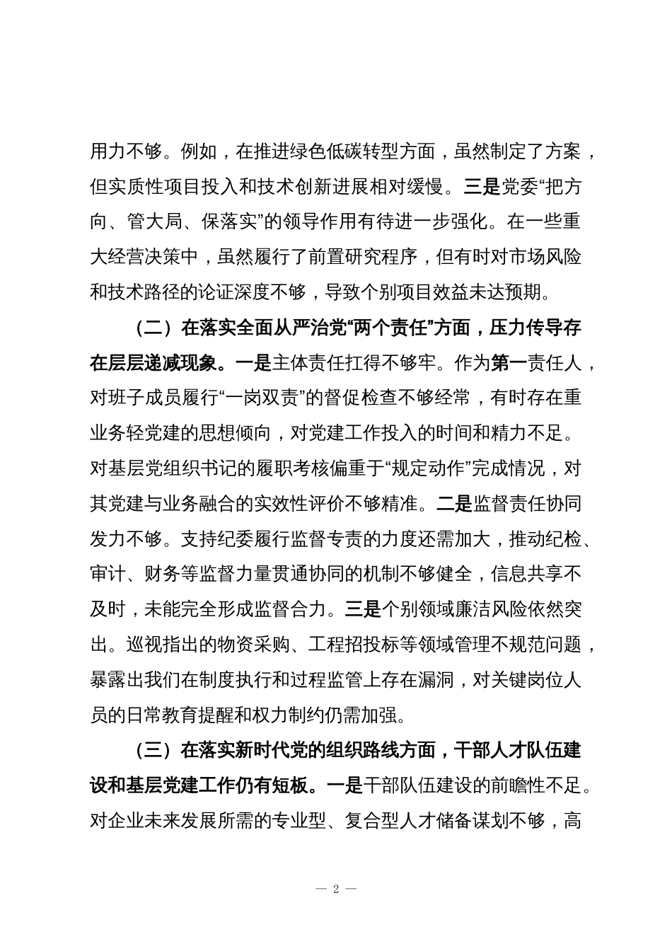 2025年国企党委书记巡视反馈意见整改专题民主生活会对照检查材料_第2页