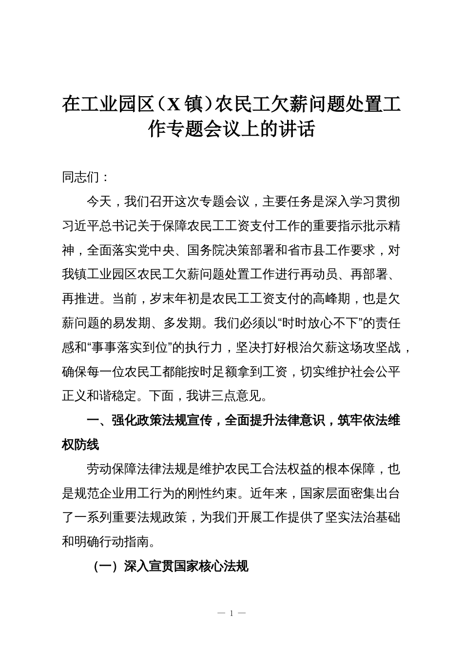 在工业园区(X镇)农民工欠薪问题处置工作专题会议上的讲话_第1页
