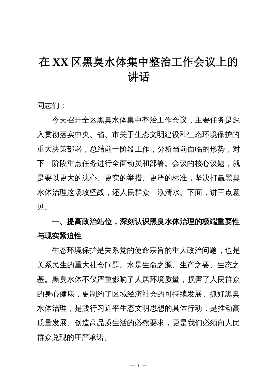 在XX区黑臭水体集中整治工作会议上的讲话_第1页