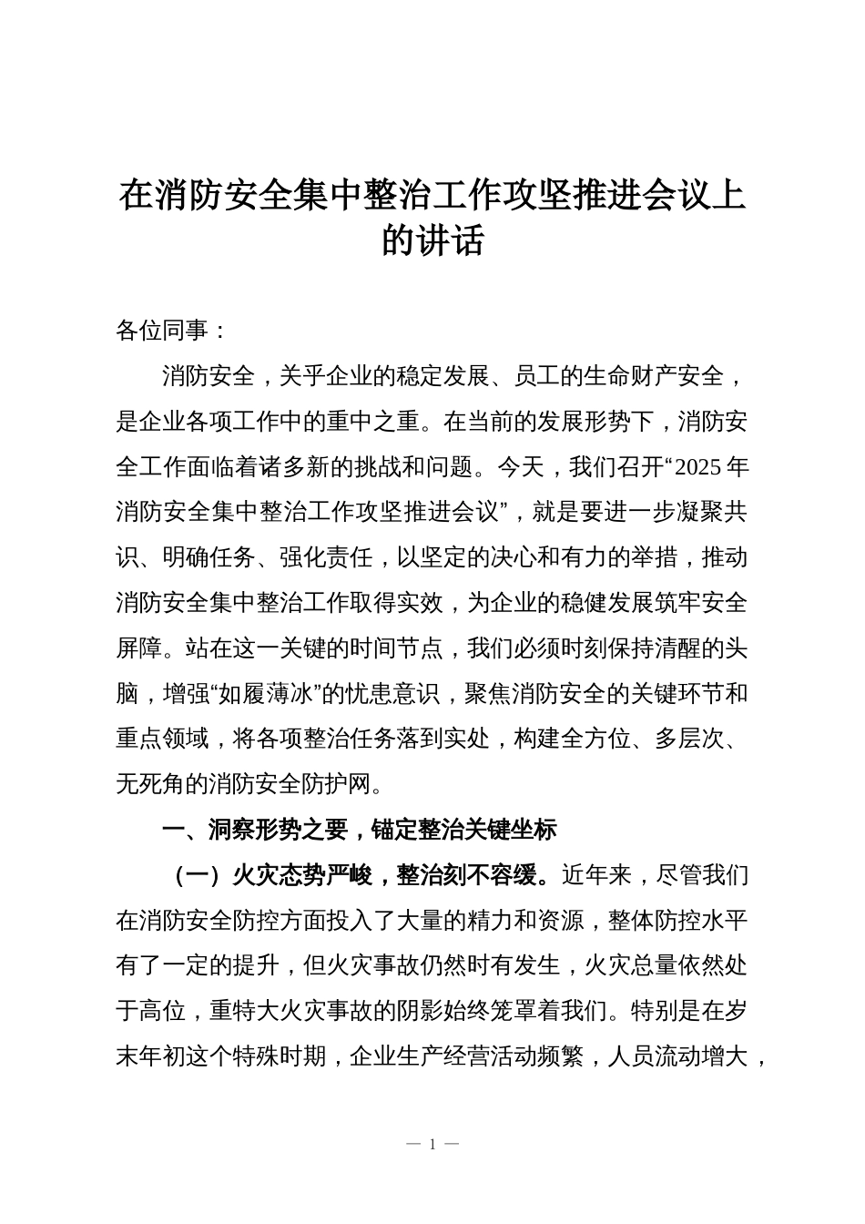 在消防安全集中整治工作攻坚推进会议上的讲话_第1页