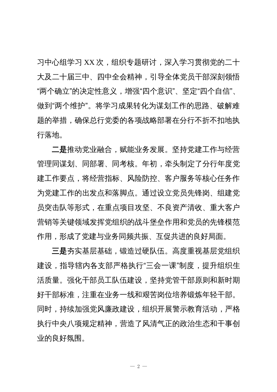 XX银行股份有限公司XX分行党委书记、行长2025年度个人工作总结_第2页