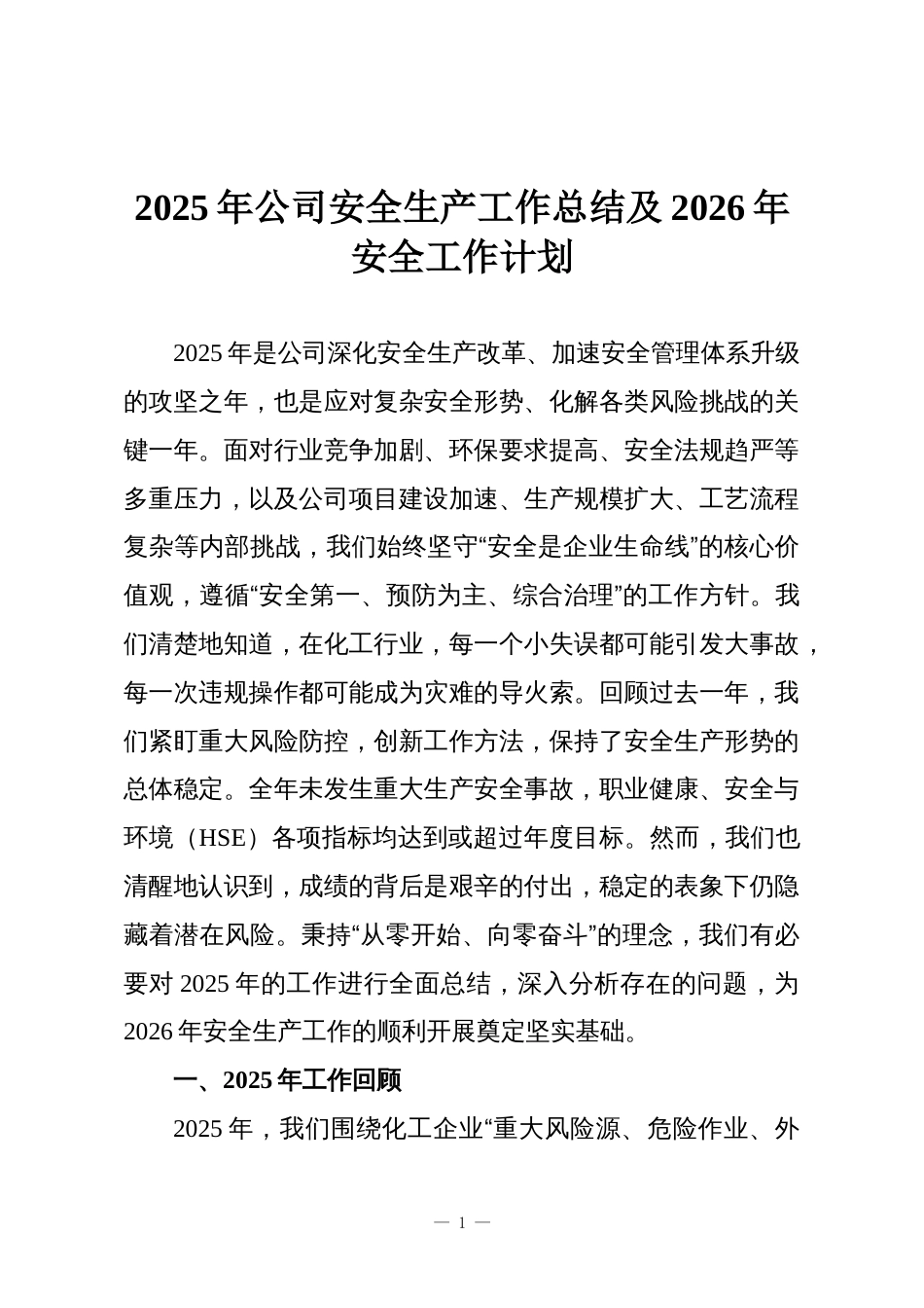 2025年公司安全生产工作总结及2026年安全工作计划_第1页