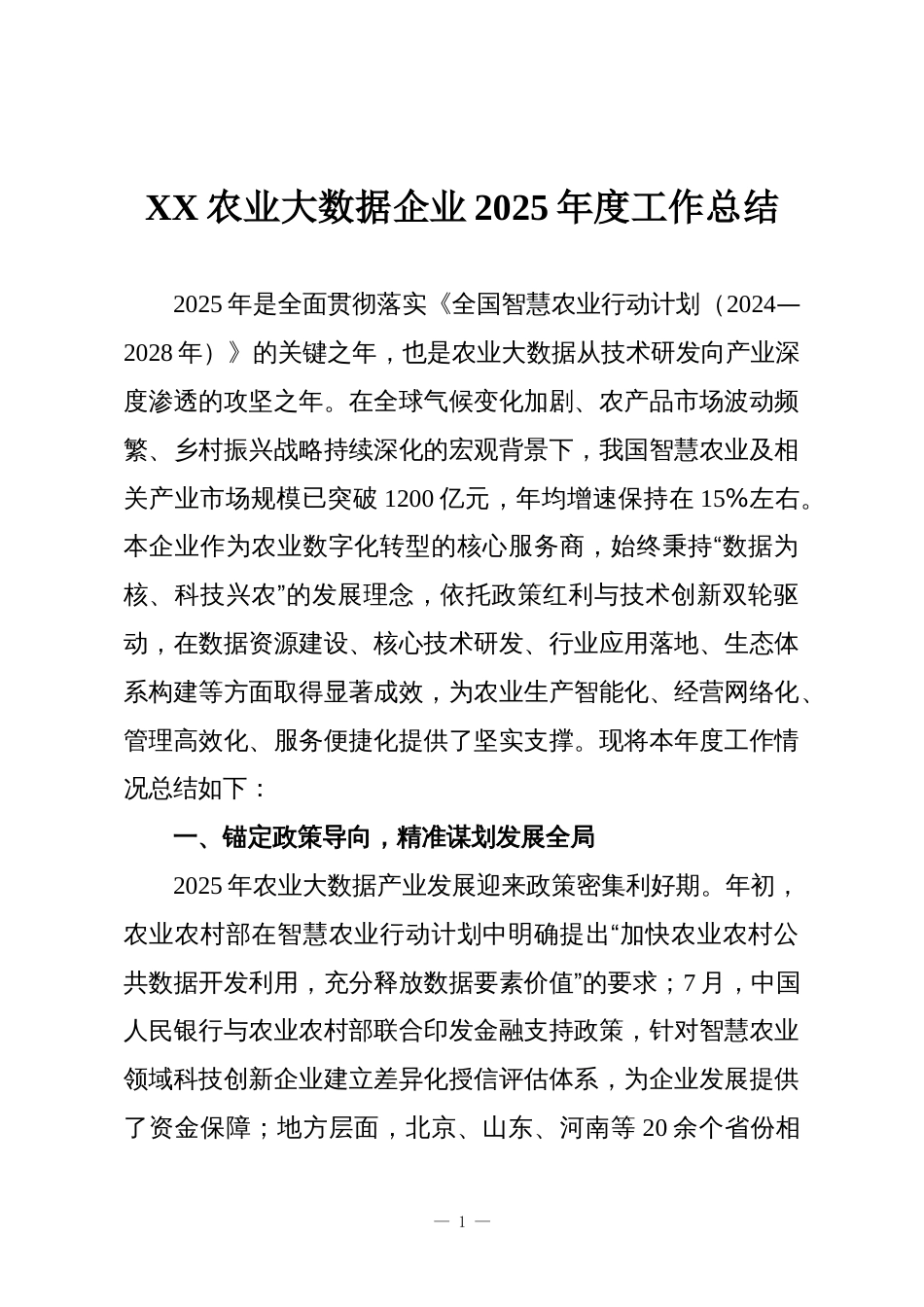 XX农业大数据企业2025年度工作总结_第1页
