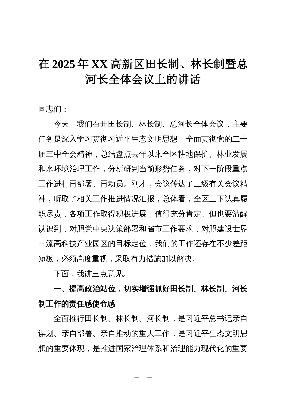 在2025年XX高新区田长制、林长制暨总河长全体会议上的讲话_第1页