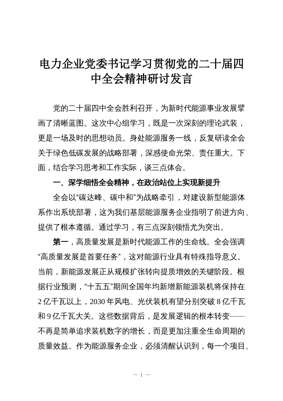 电力企业党委书记学习贯彻党的二十届四中全会精神研讨发言_第1页