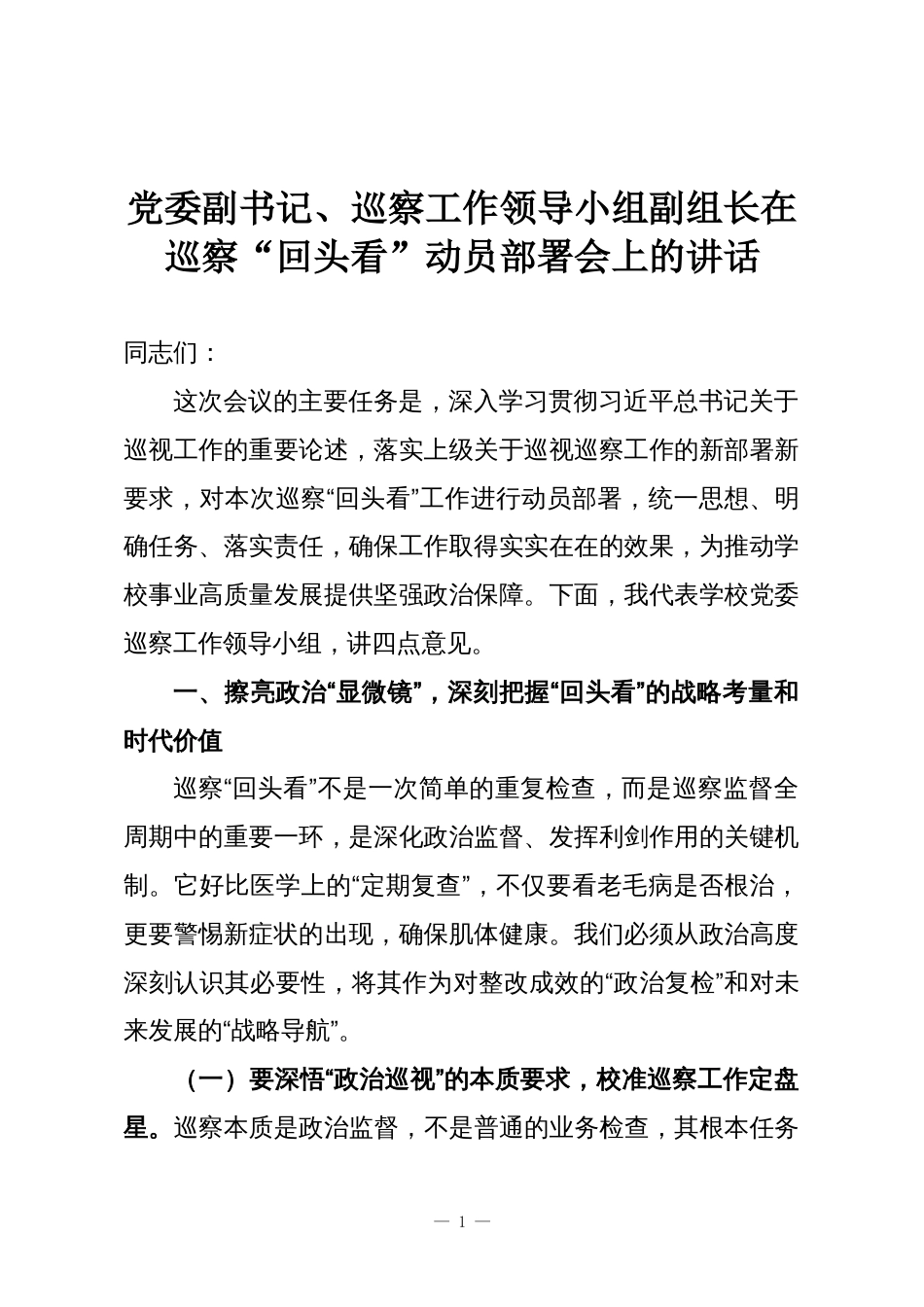 党委副书记、巡察工作领导小组副组长在巡察“回头看”动员部署会上的讲话_第1页