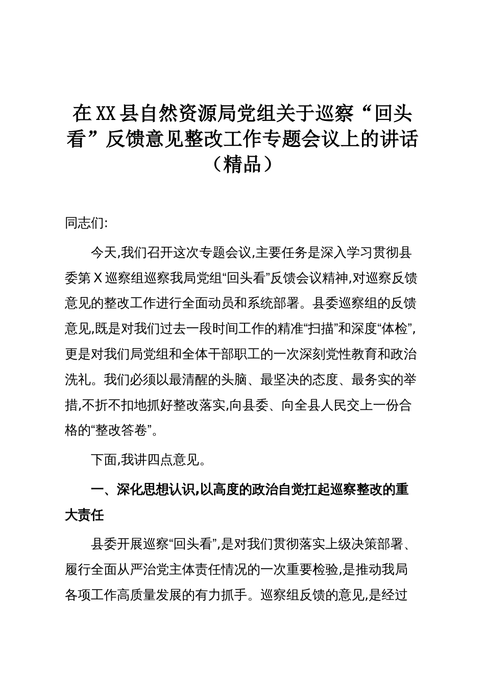 在XX县自然资源局党组关于巡察“回头看”反馈意见整改工作专题会议上的讲话(精品)_第1页