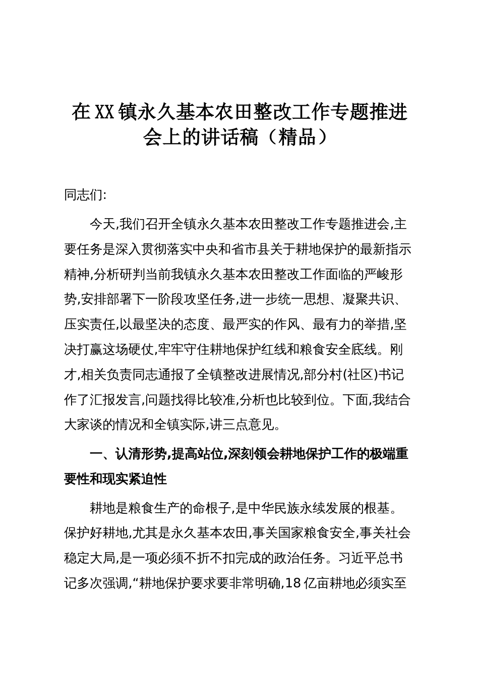 在XX镇永久基本农田整改工作专题推进会上的讲话稿(精品)_第1页
