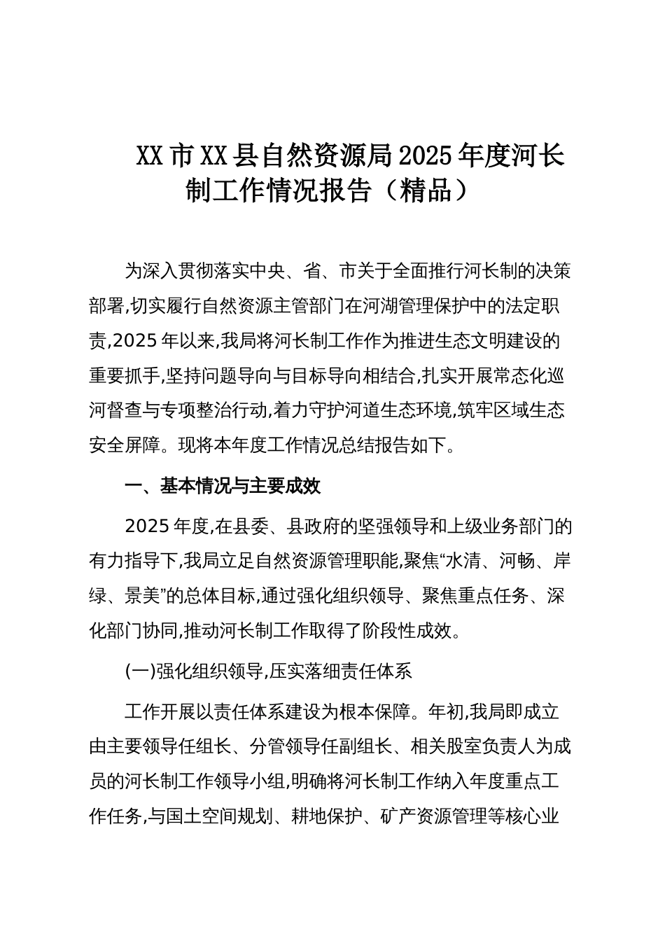 XX市XX县自然资源局2025年度河长制工作情况报告（精品）_第1页