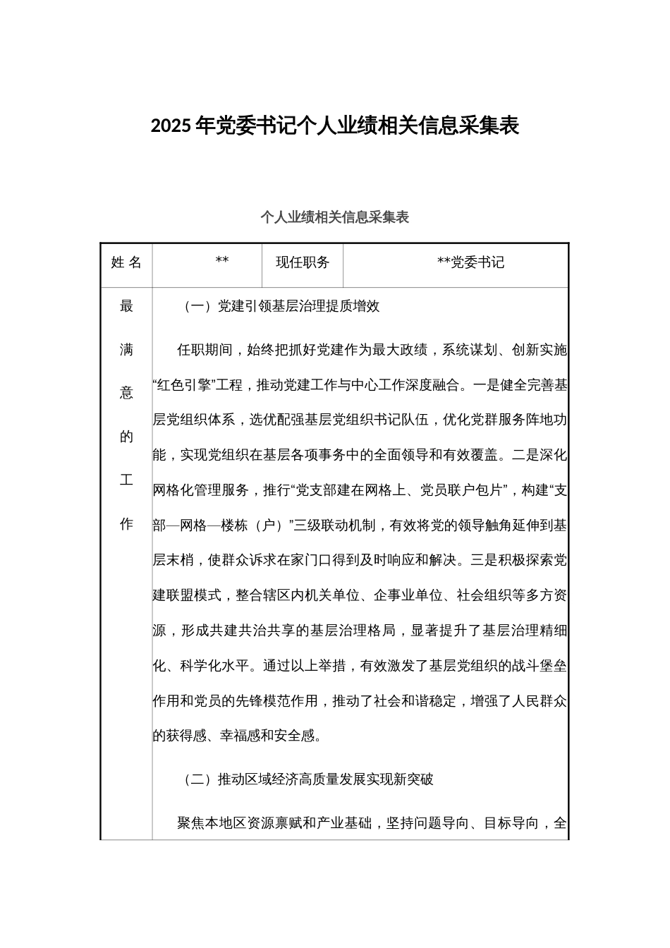 2025年党委书记个人业绩相关信息采集表_第1页
