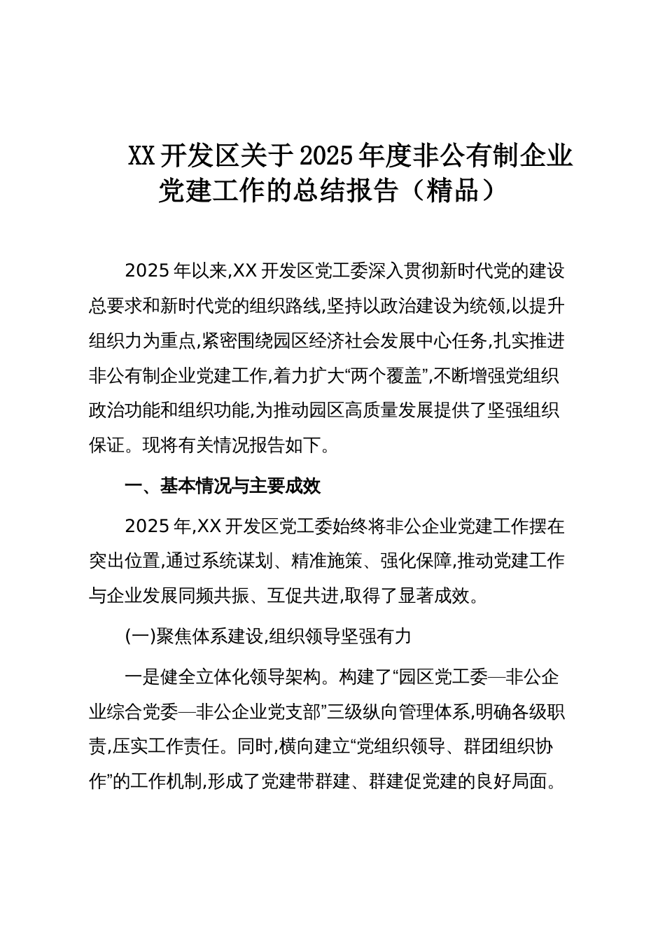 XX开发区关于2025年度非公有制企业党建工作的总结报告(精品)_第1页