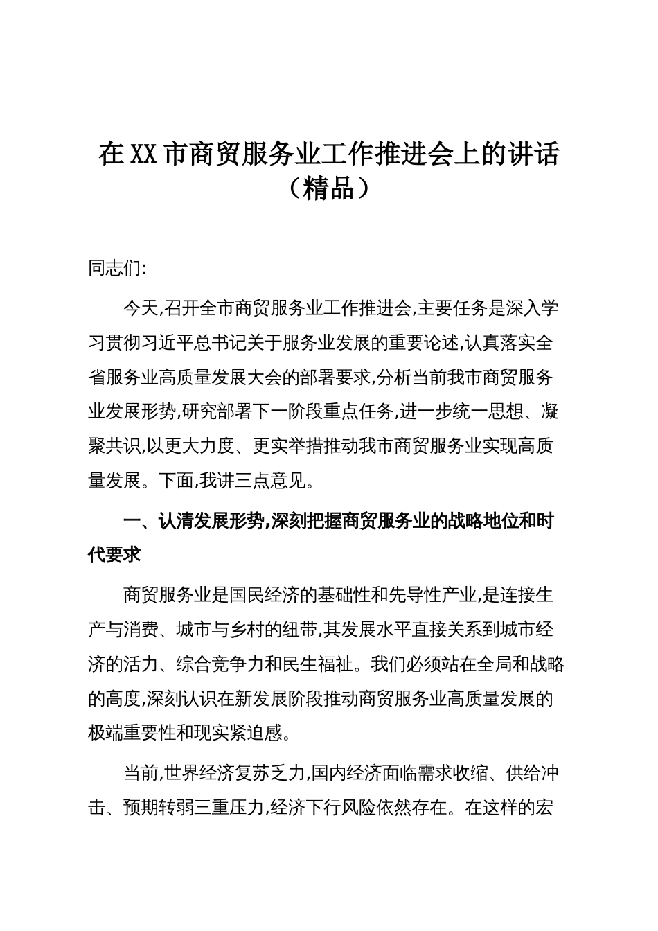 在XX市商贸服务业工作推进会上的讲话（精品）_第1页