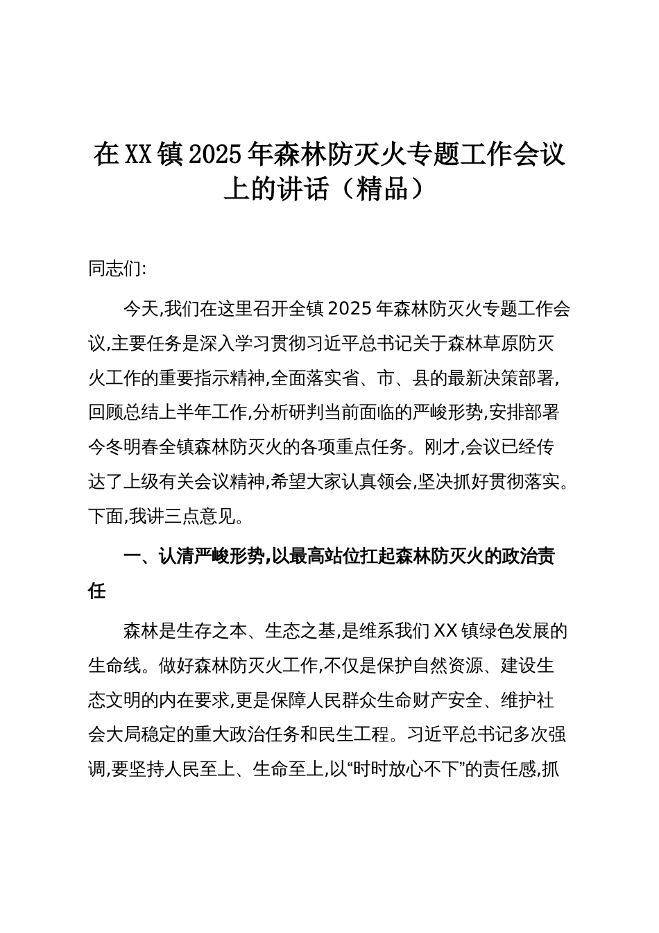 在XX镇2025年森林防灭火专题工作会议上的讲话(精品)_第1页