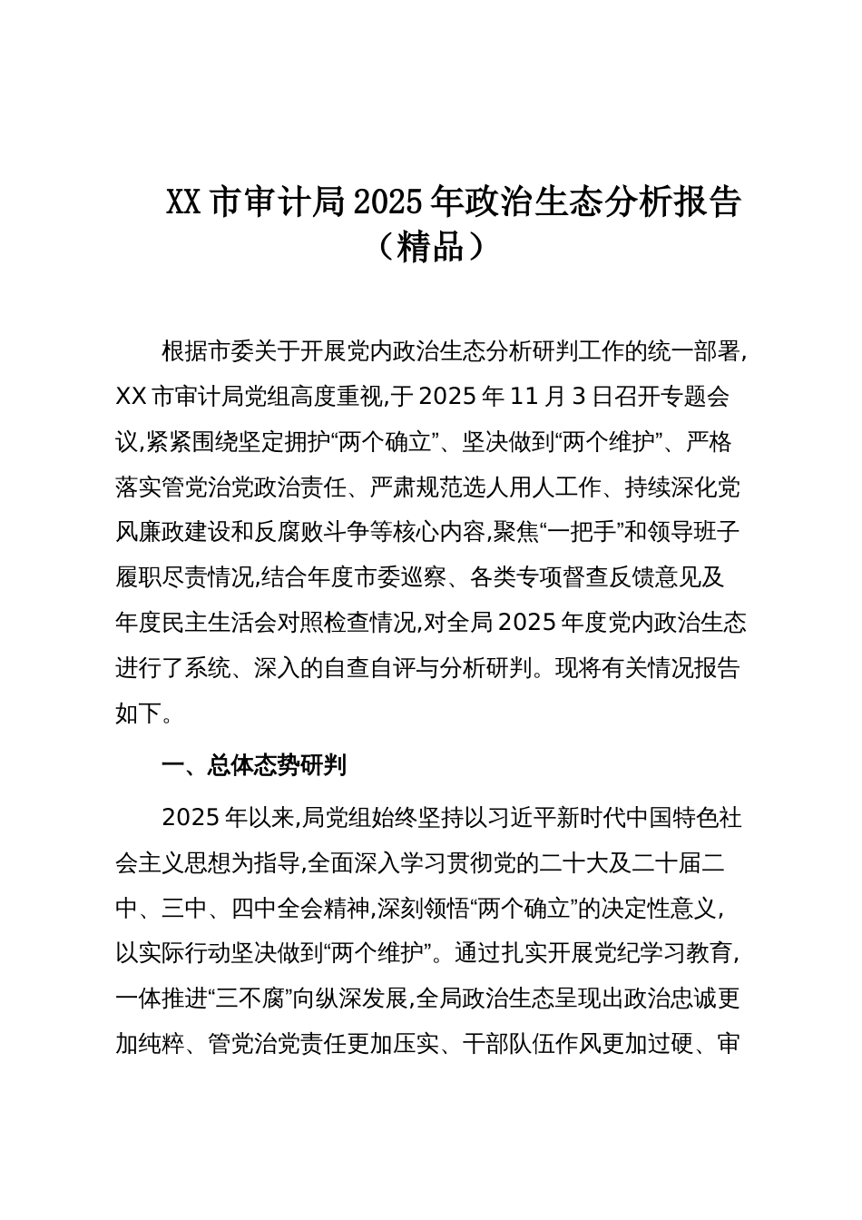 XX市审计局2025年政治生态分析报告（精品）_第1页