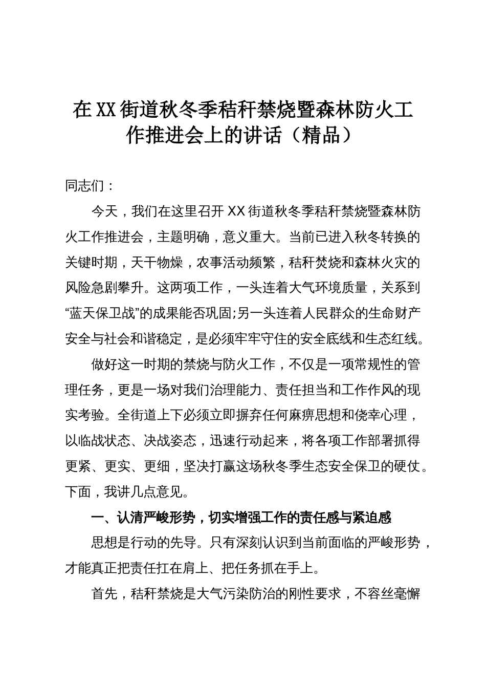 在XX街道秋冬季秸秆禁烧暨森林防火工作推进会上的讲话（精品）_第1页