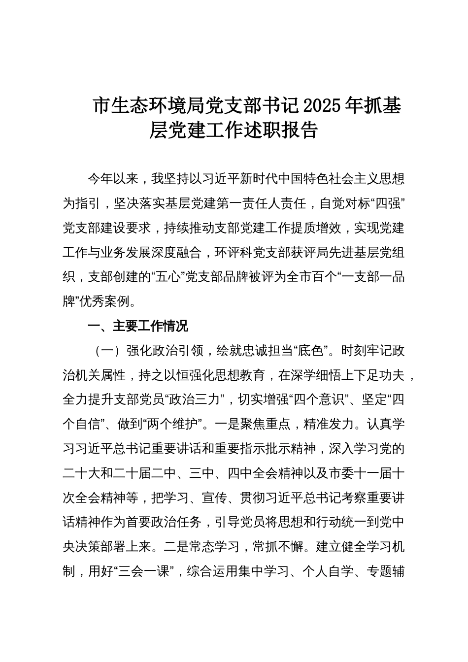 市生态环境局党支部书记2025年抓基层党建工作述职报告_第1页