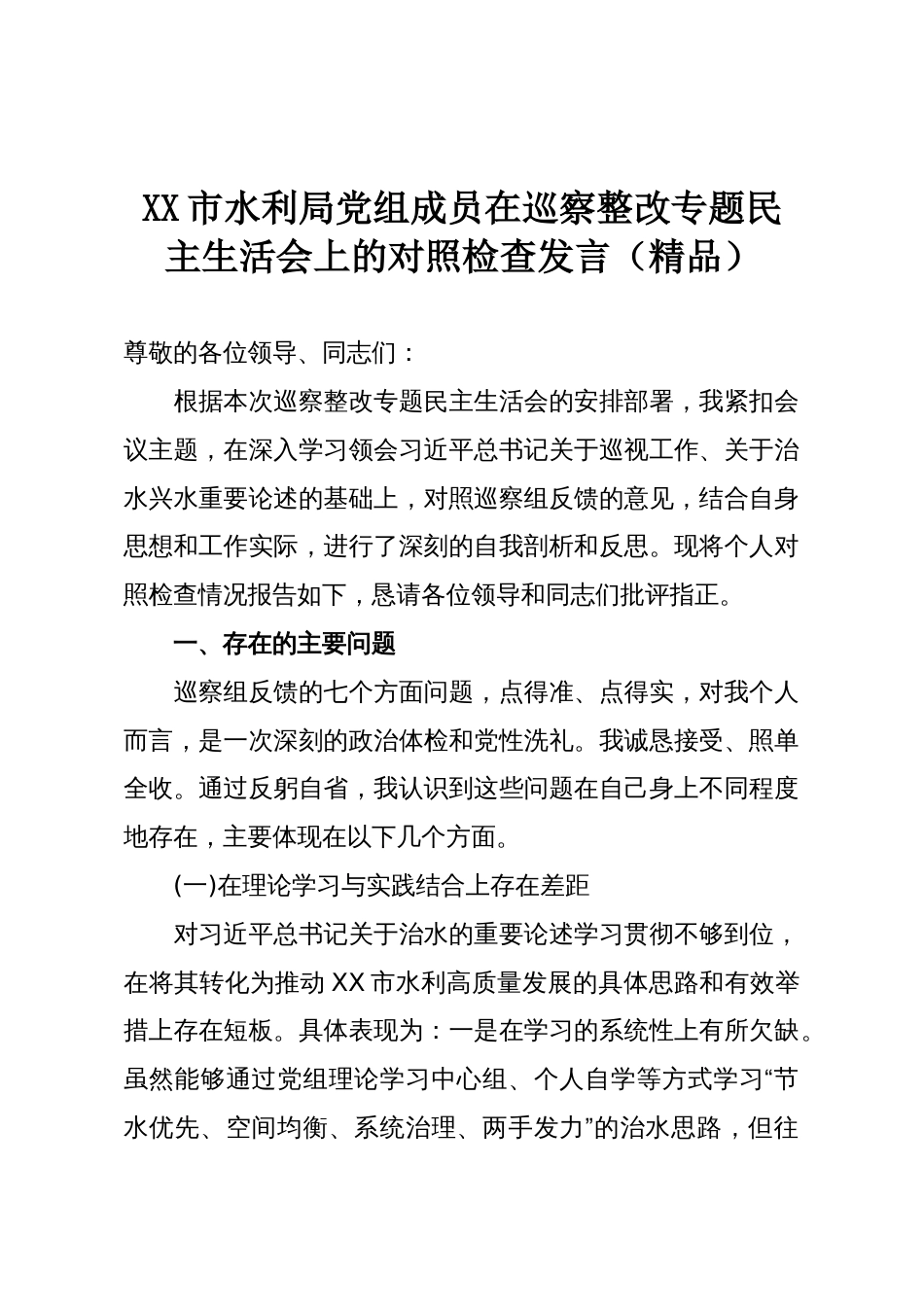 XX市水利局党组成员在巡察整改专题民主生活会上的对照检查发言(精品)_第1页