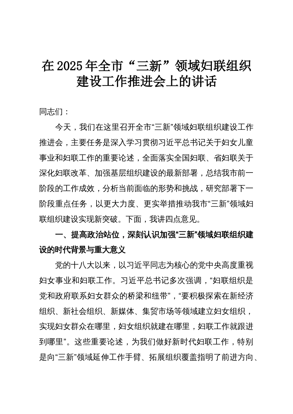 在2025年全市“三新”领域妇联组织建设工作推进会上的讲话_第1页