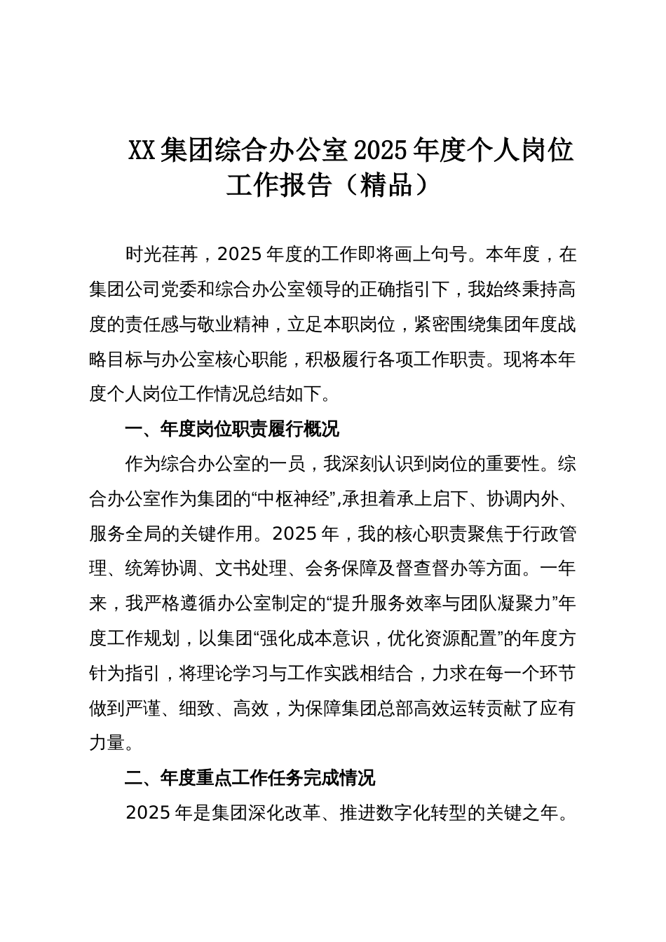 XX集团综合办公室2025年度个人岗位工作报告(精品)_第1页