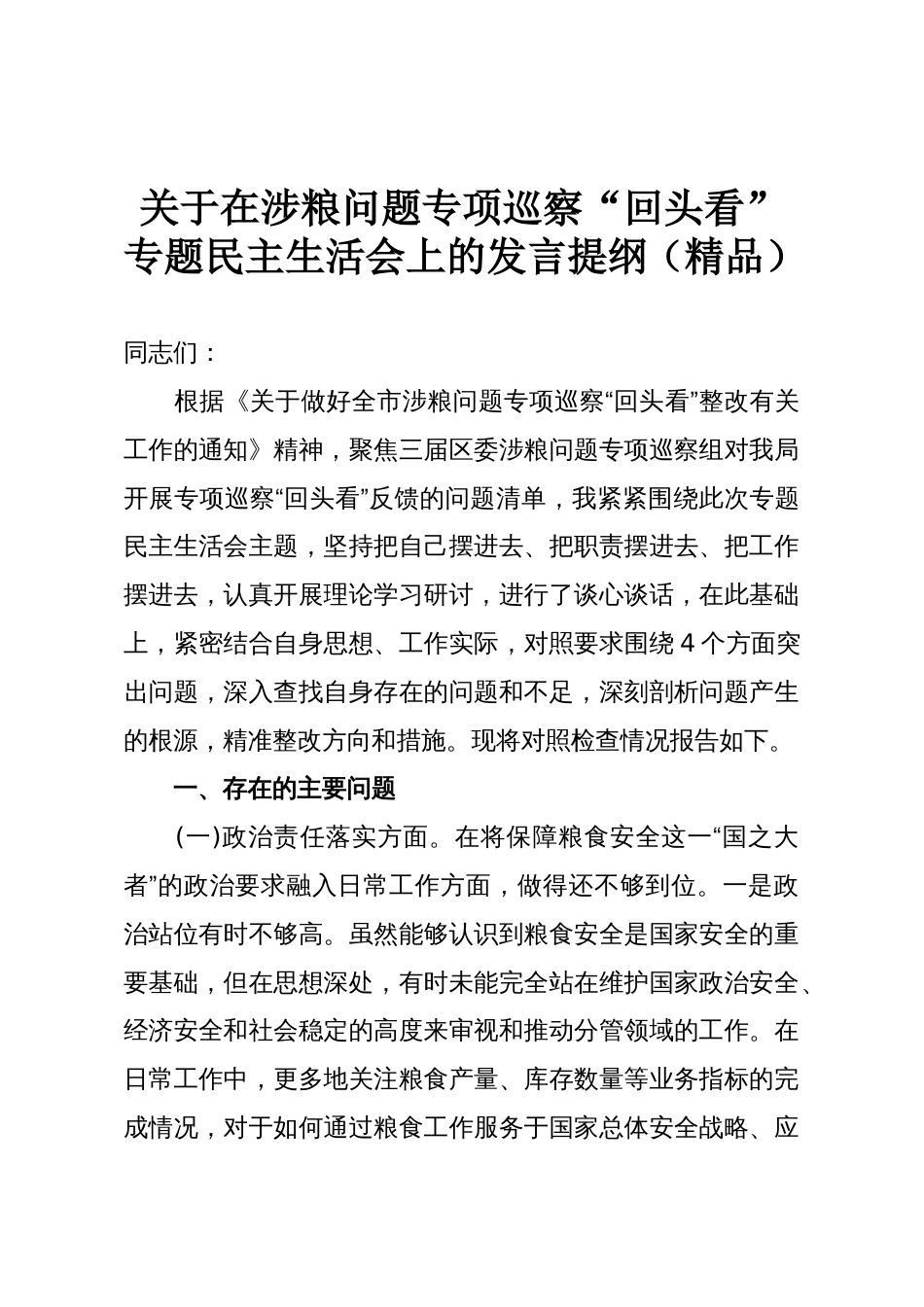 关于在涉粮问题专项巡察“回头看”专题民主生活会上的发言提纲（精品）_第1页
