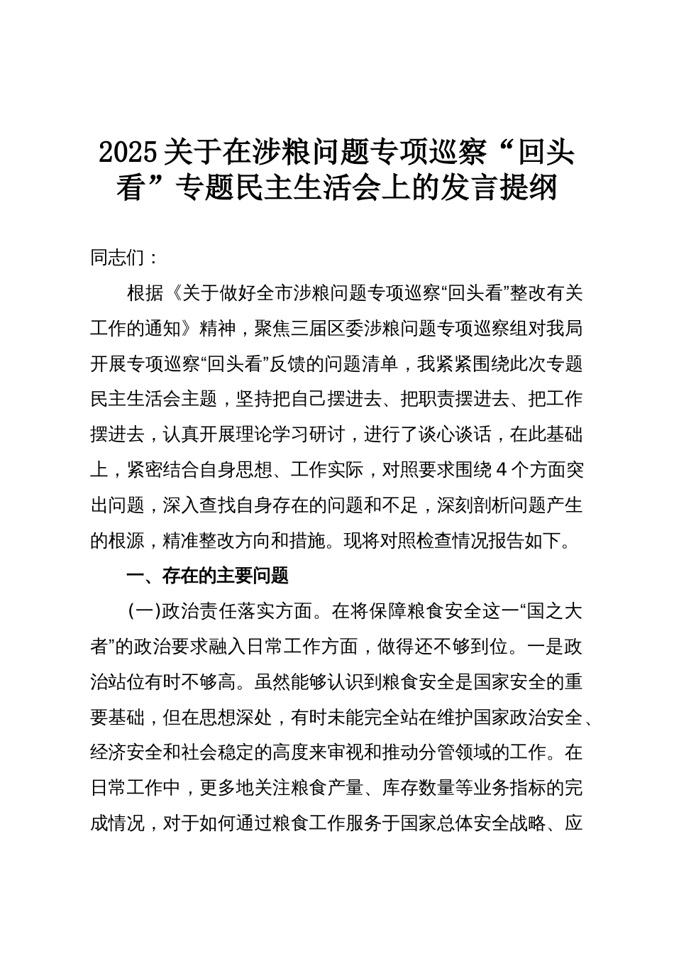 2025关于在涉粮问题专项巡察“回头看”专题民主生活会上的发言提纲_第1页