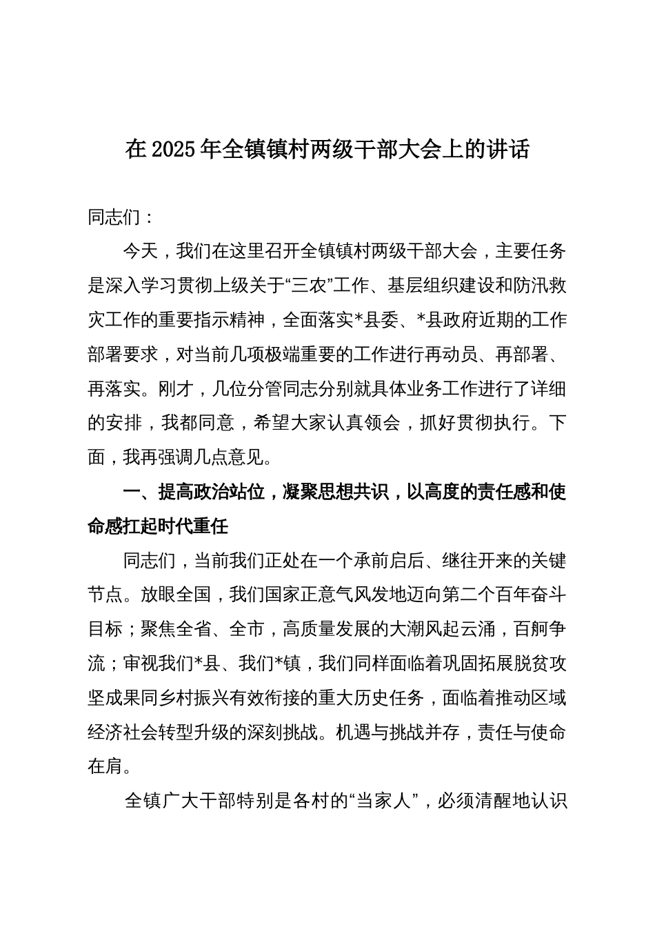 在2025年全镇镇村两级干部大会上的讲话_第1页