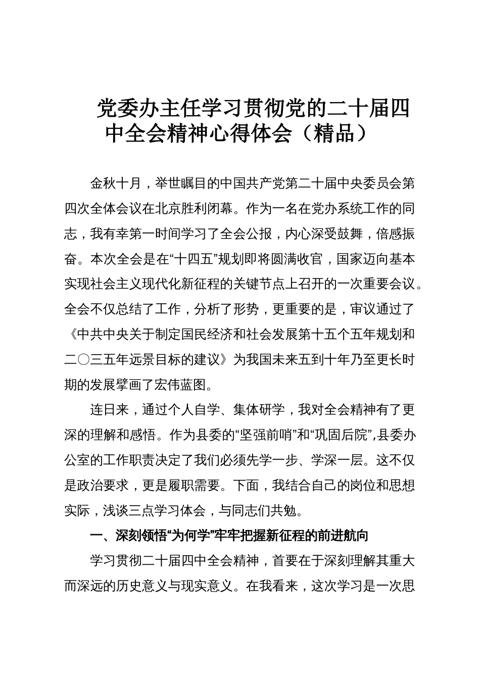 党委办主任学习贯彻党的二十届四中全会精神心得体会(精品)_第1页