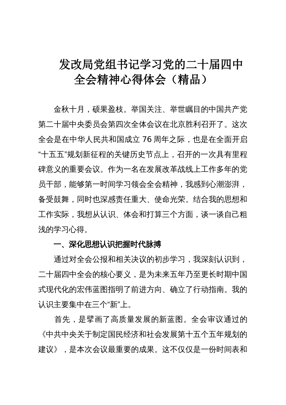 发改局党组书记学习党的二十届四中全会精神心得体会(精品)_第1页