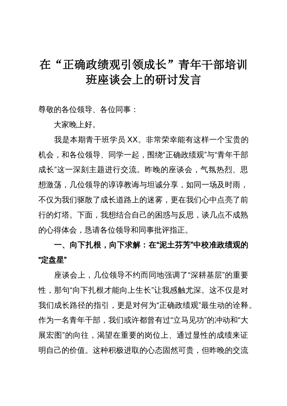 在“正确政绩观引领成长”青年干部培训班座谈会上的研讨发言_第1页