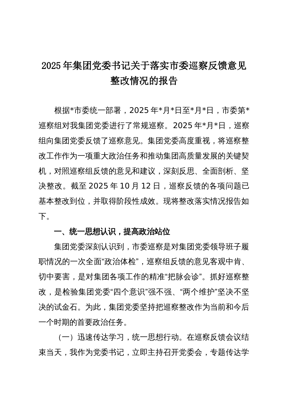 2025年集团党委书记关于落实市委巡察反馈意见整改情况的报告_第1页