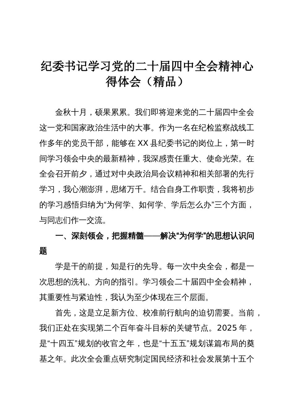 纪委书记学习党的二十届四中全会精神心得体会（精品）_第1页