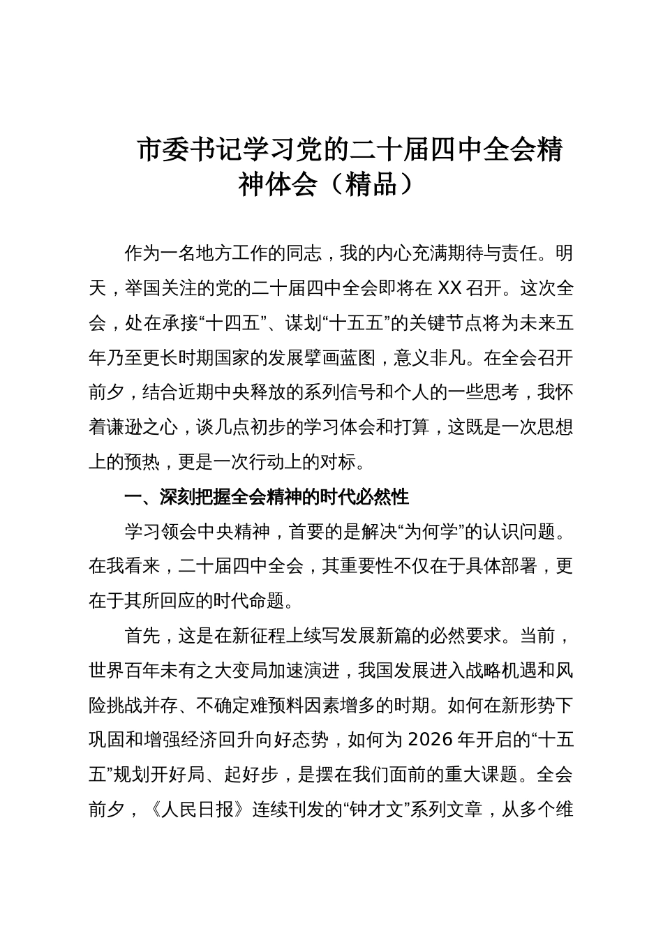 市委书记学习党的二十届四中全会精神体会(精品)_第1页