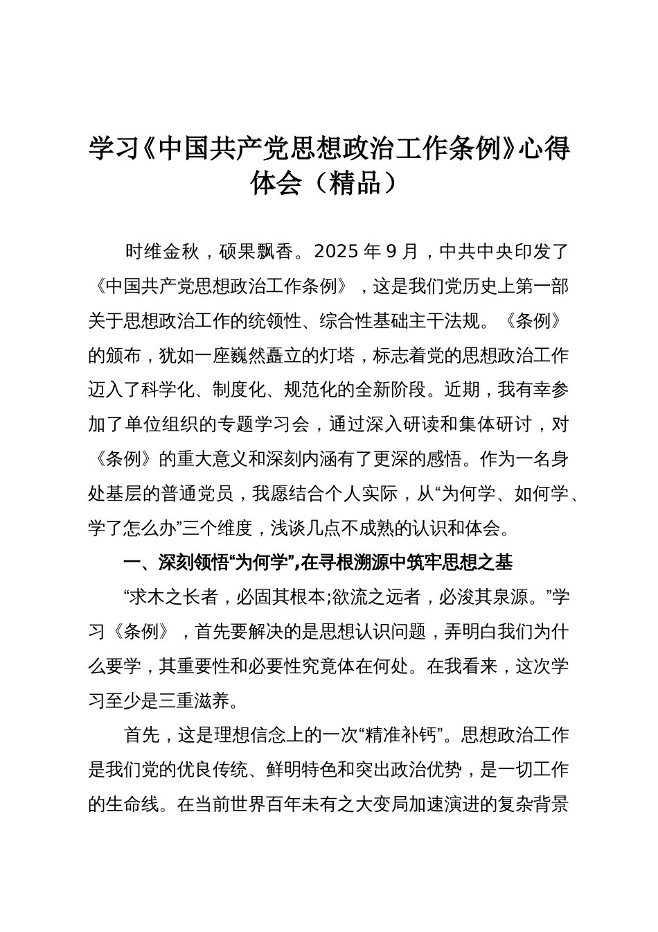 学习《中国共产党思想政治工作条例》心得体会(精品)_第1页