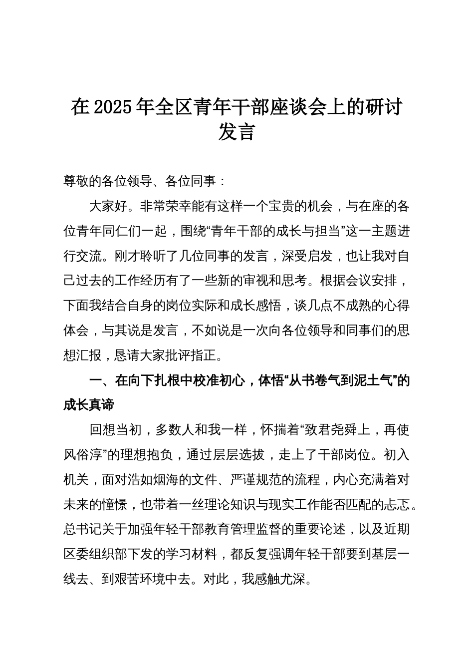 在2025年全区青年干部座谈会上的研讨发言_第1页