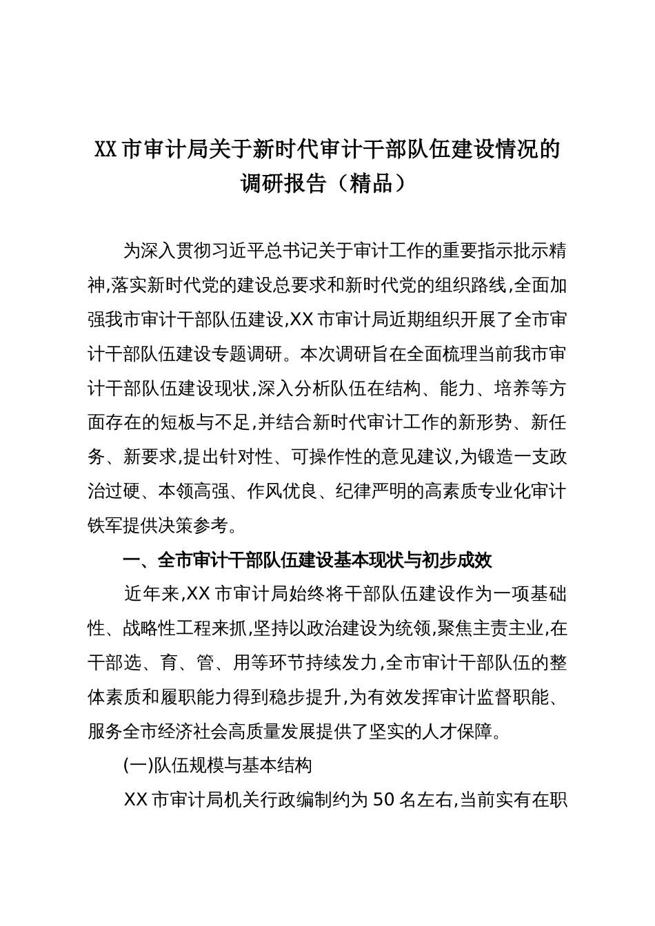 XX市审计局关于新时代审计干部队伍建设情况的调研报告(精品)_第1页