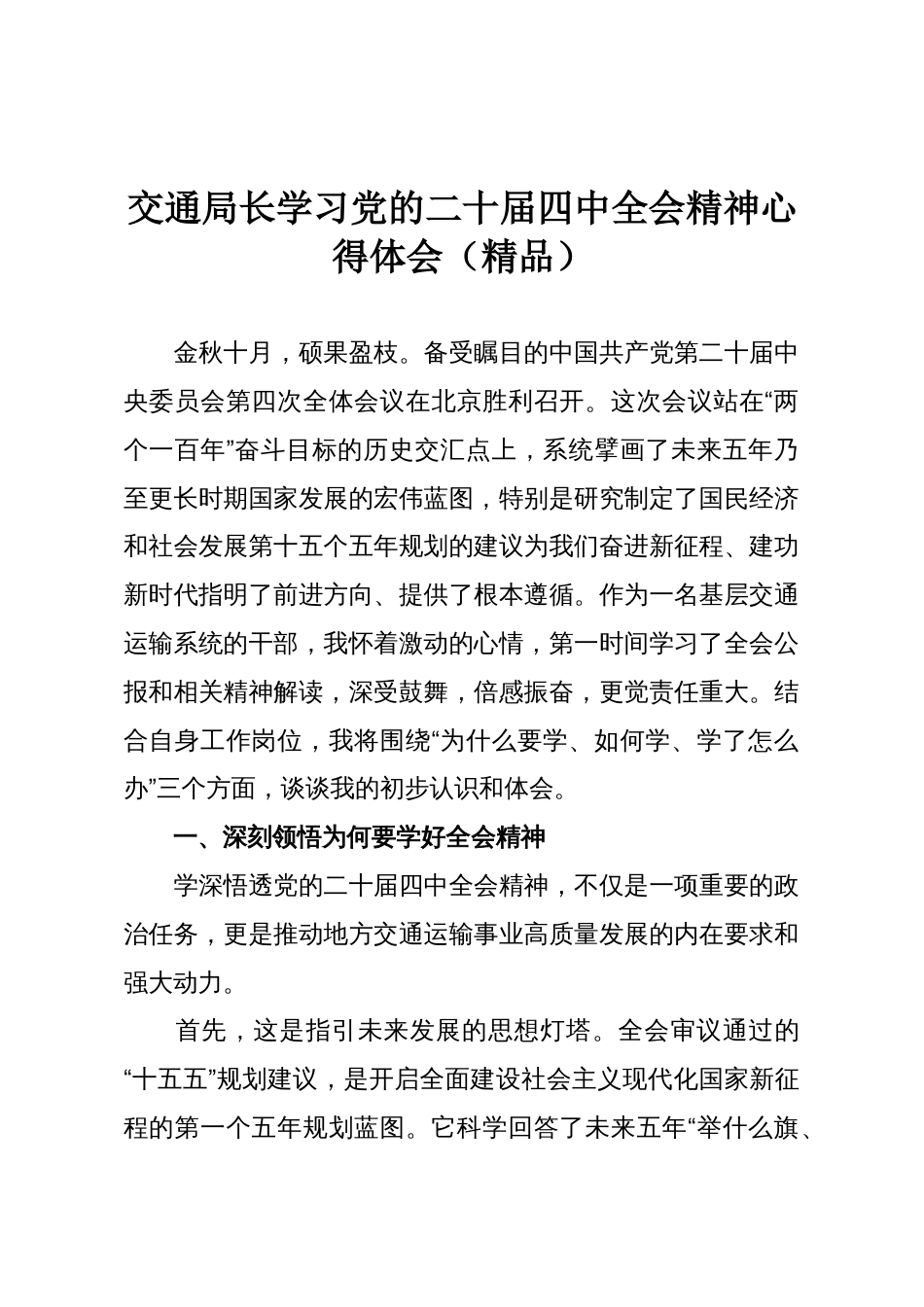 交通局长学习党的二十届四中全会精神心得体会(精品)_第1页