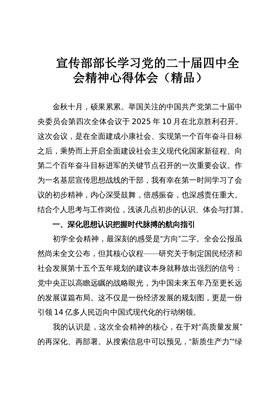 宣传部部长学习党的二十届四中全会精神心得体会(精品)_第1页
