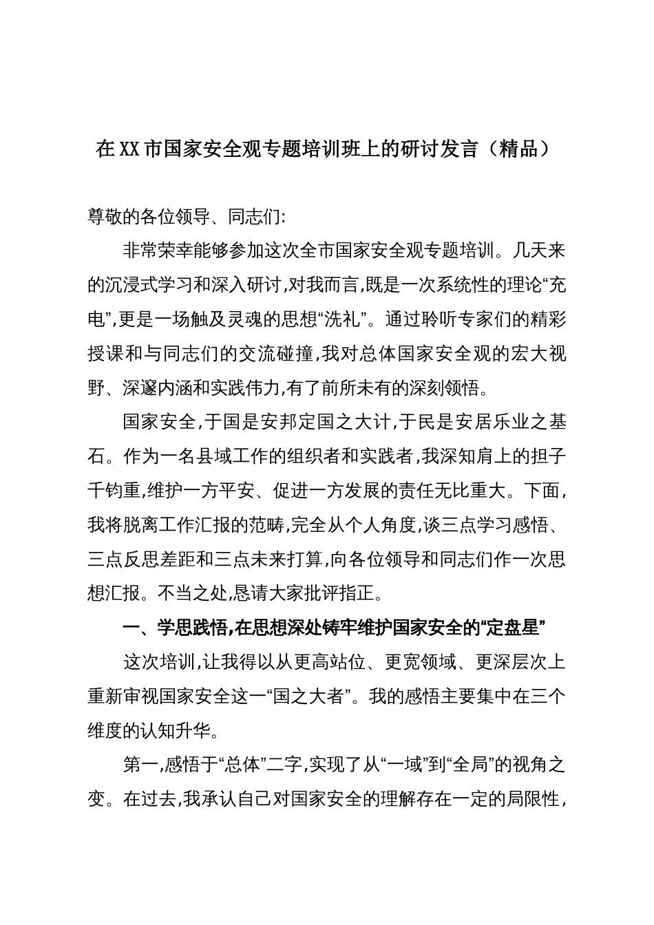 在XX市国家安全观专题培训班上的研讨发言(精品)_第1页