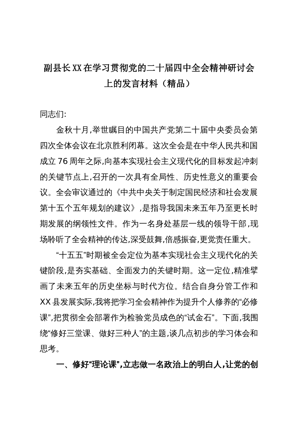 副县长XX在学习贯彻党的二十届四中全会精神研讨会上的发言材料(精品)_第1页