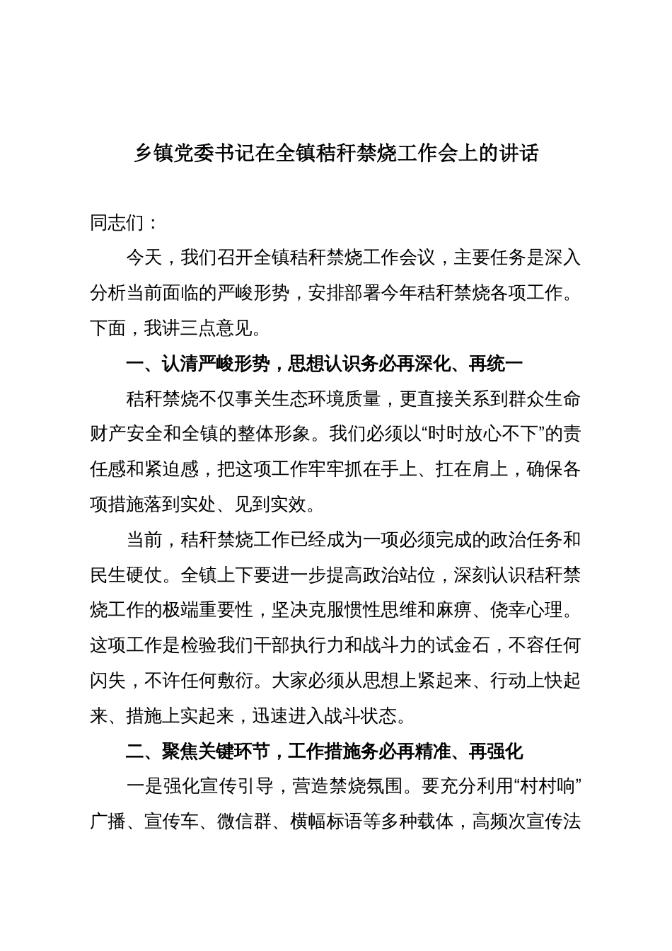 乡镇党委书记在全镇秸秆禁烧工作会上的讲话_第1页